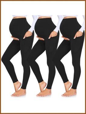 Maternity Leggings with Pockets Over Belly Yoga Pants 3 Pack